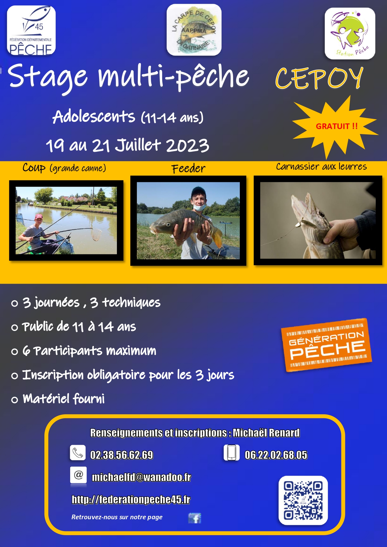 Stage multi pêche Cepoy 19 au 21 juillet